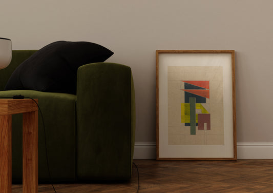 Cardboard Minimal 04 Poster next to green sofa
