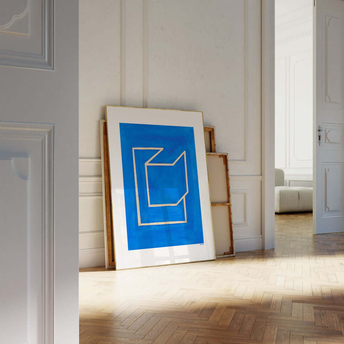 Blue Penguin Poster printed on thick matte paper, leaning against a wall in an elegantly decorated room with sunlight streaming in.