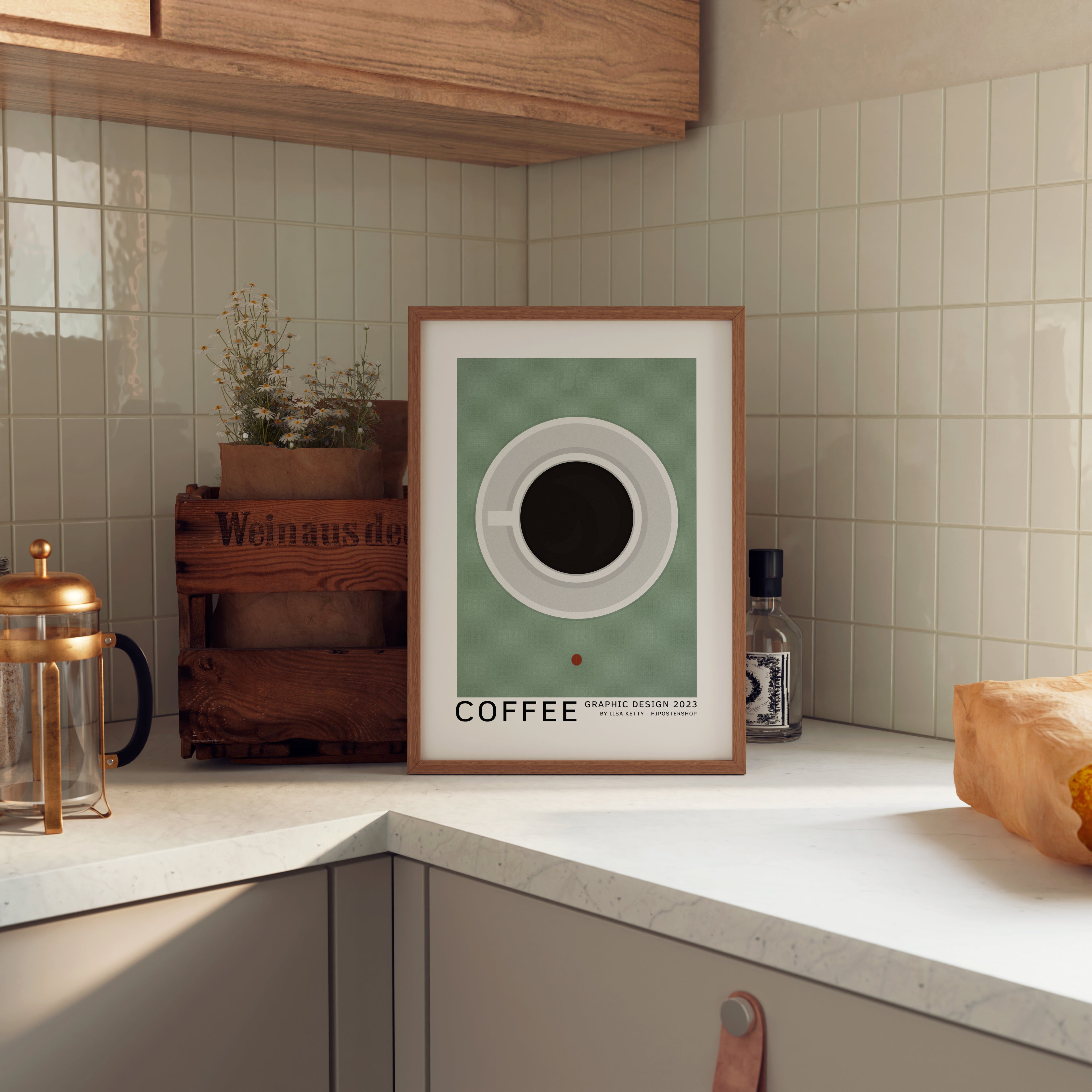 Framed coffee-themed poster on a kitchen counter with a tiled wall in the background.