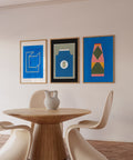 Cardboard posters in dining room 3 posters all in blue 